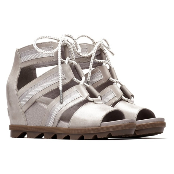 Sorel Light Gray Joanie II Lace Webbing Wedge Sandals 9 - Picture 1 of 10